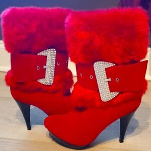 Red Faux Fur Rhinestone Buckle Boots